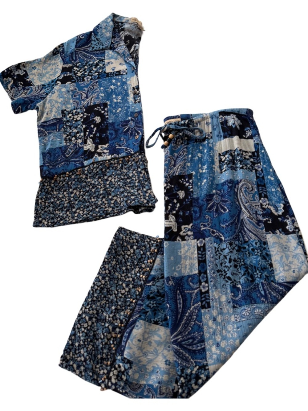 Y2K Boho Hippie Retro Cottage Blue Patchwork Paisley Coord Set XL